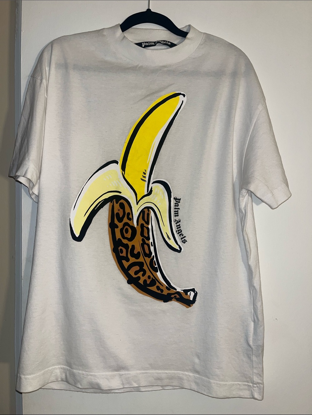 Palm Angels White Tee with Yellow & Brown Leopard Banana Graphic